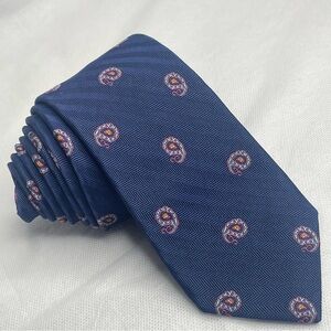 Ledbury Slim Paisley Necktie Hatch Repp Silk Navy Blue Pink Skinny Designer Tie